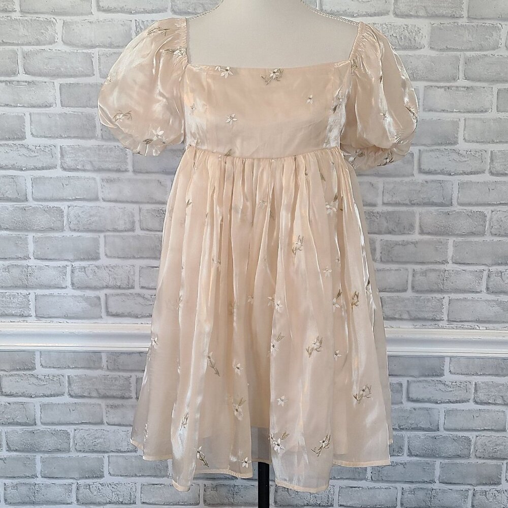Mable Organza Embroidered Babydoll Dress Puff Sleeve Smocked Romantic Coquette